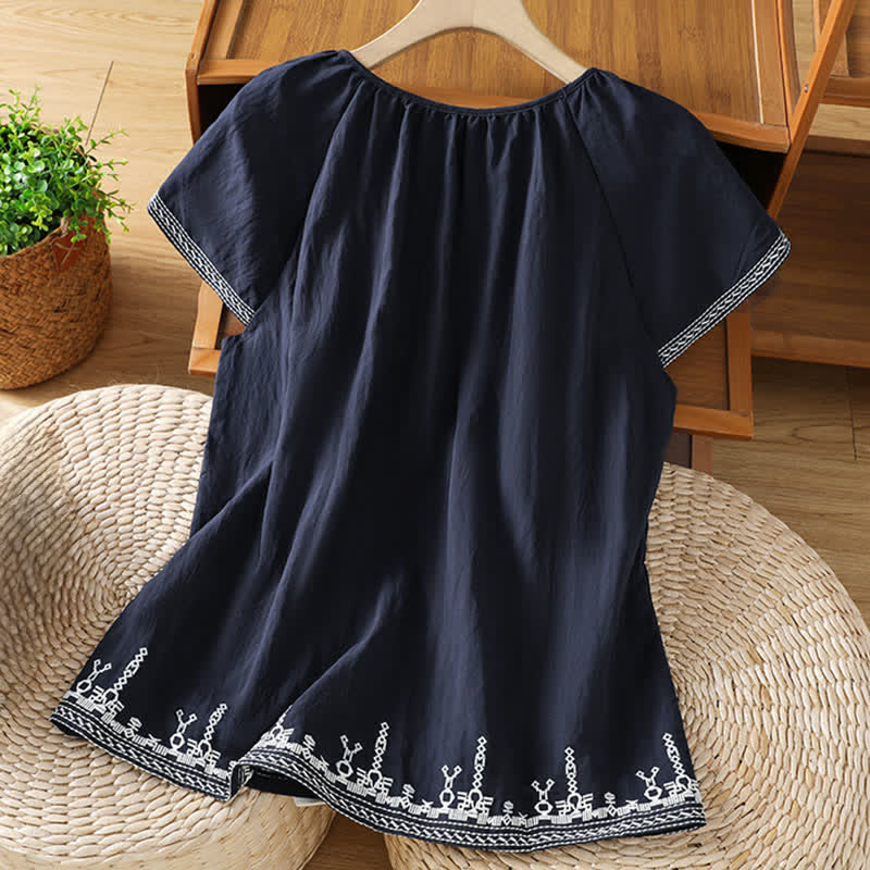 Buddha Stones 夏らしいボヘミアン風刺繍入り花柄レディース半袖Tシャツ - image 1