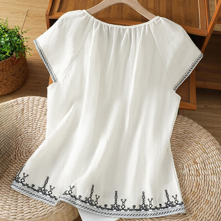 Buddha Stones 夏らしいボヘミアン風刺繍入り花柄レディース半袖Tシャツ - image 7