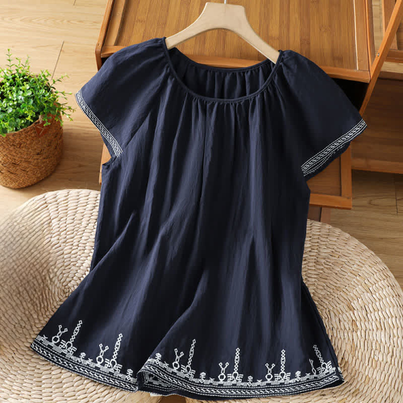 Buddha Stones 夏らしいボヘミアン風刺繍入り花柄レディース半袖Tシャツ - ミッドナイトブルー - US12、 UK/AU16、 EU44 (2XL) - image 0