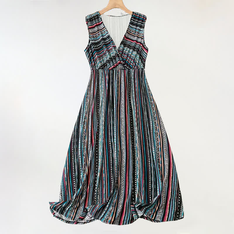 Buddha Stones 夏用ボヘミアンストライプVネックノースリーブワンピース - 黒 - US18、 UK/AU22、 EU50 (5XL) - image 0