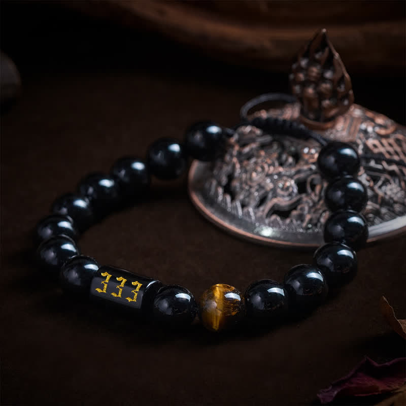 Buddha Stones エンジェルナンバー 天然ブラックオブシディアン タイガーアイ 強さと成就のブレスレット - image 2