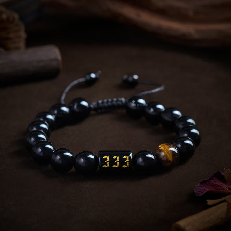 Buddha Stones エンジェルナンバー 天然ブラックオブシディアン タイガーアイ 強さと成就のブレスレット - image 0