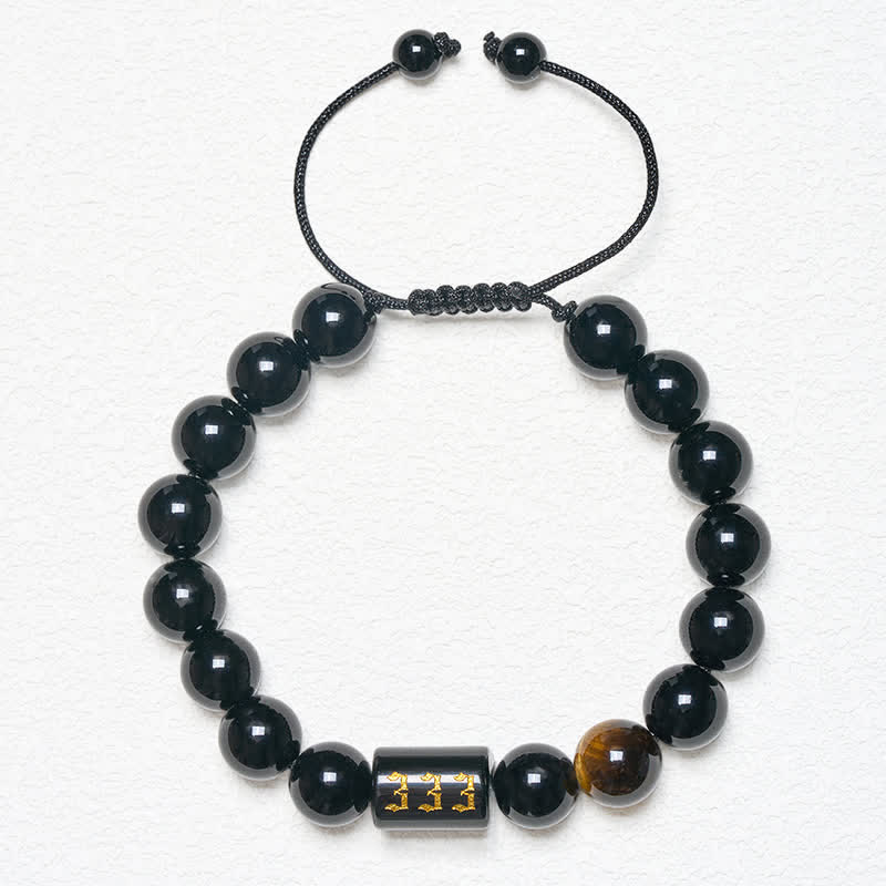 Buddha Stones エンジェルナンバー 天然ブラックオブシディアン タイガーアイ 強さと成就のブレスレット - image 4