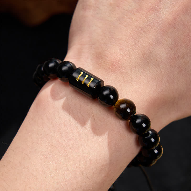 Buddha Stones エンジェルナンバー 天然ブラックオブシディアン タイガーアイ 強さと成就のブレスレット - image 12