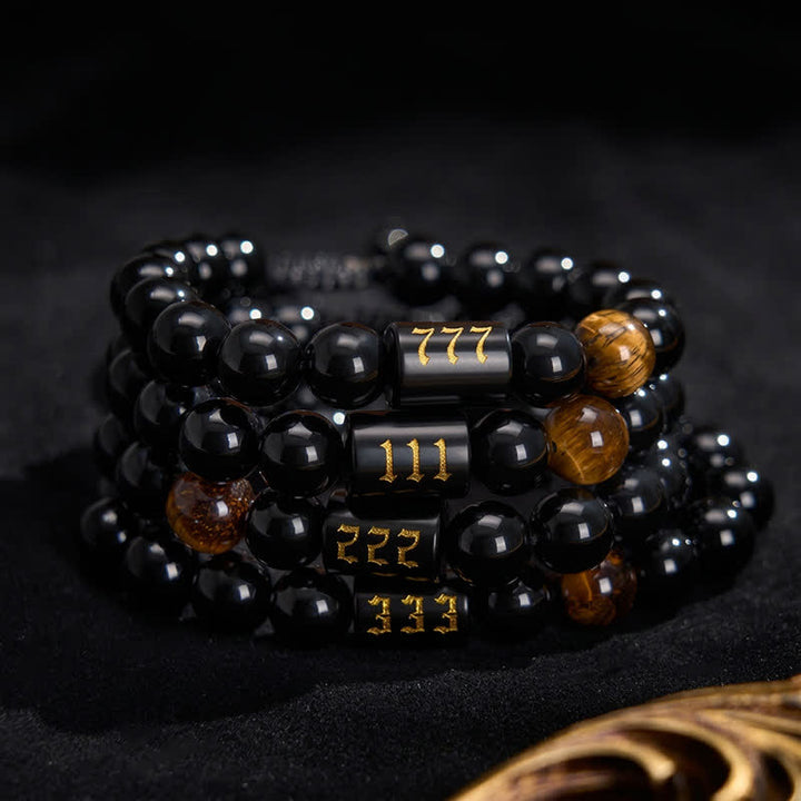 Buddha Stones エンジェルナンバー 天然ブラックオブシディアン タイガーアイ 強さと成就のブレスレット - image 33