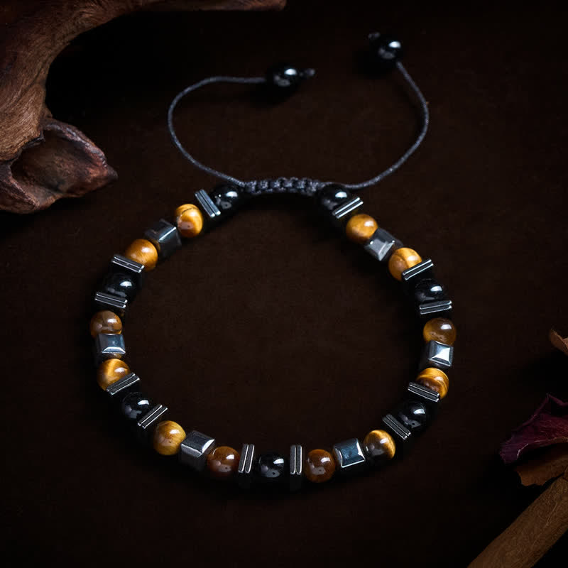 Buddha Stones 天然タイガーアイ・ブラックオブシディアン・ヘマタイトサポートブレスレット - image 1
