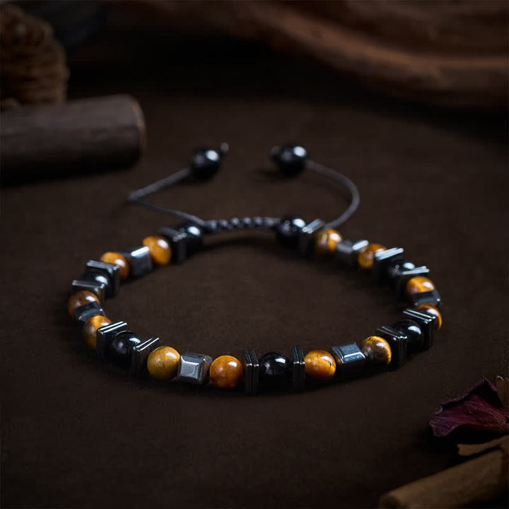 Buddha Stones 天然タイガーアイ・ブラックオブシディアン・ヘマタイトサポートブレスレット - image 2