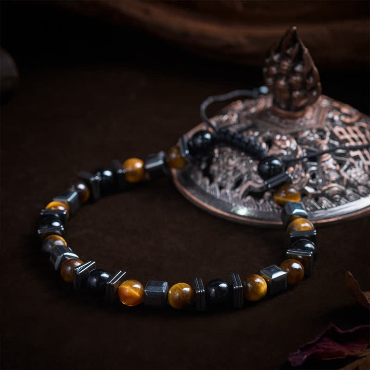 Buddha Stones 天然タイガーアイ・ブラックオブシディアン・ヘマタイトサポートブレスレット - image 3