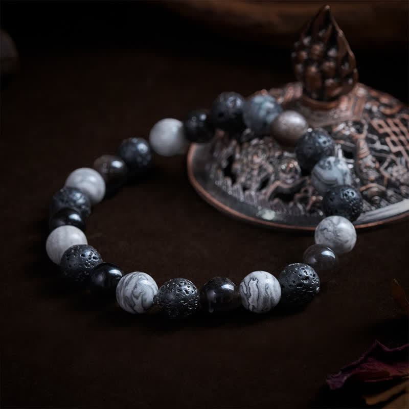 Buddha Stones 黒曜石溶岩石ピカソジャスパービーズサポートブレスレット - image 3