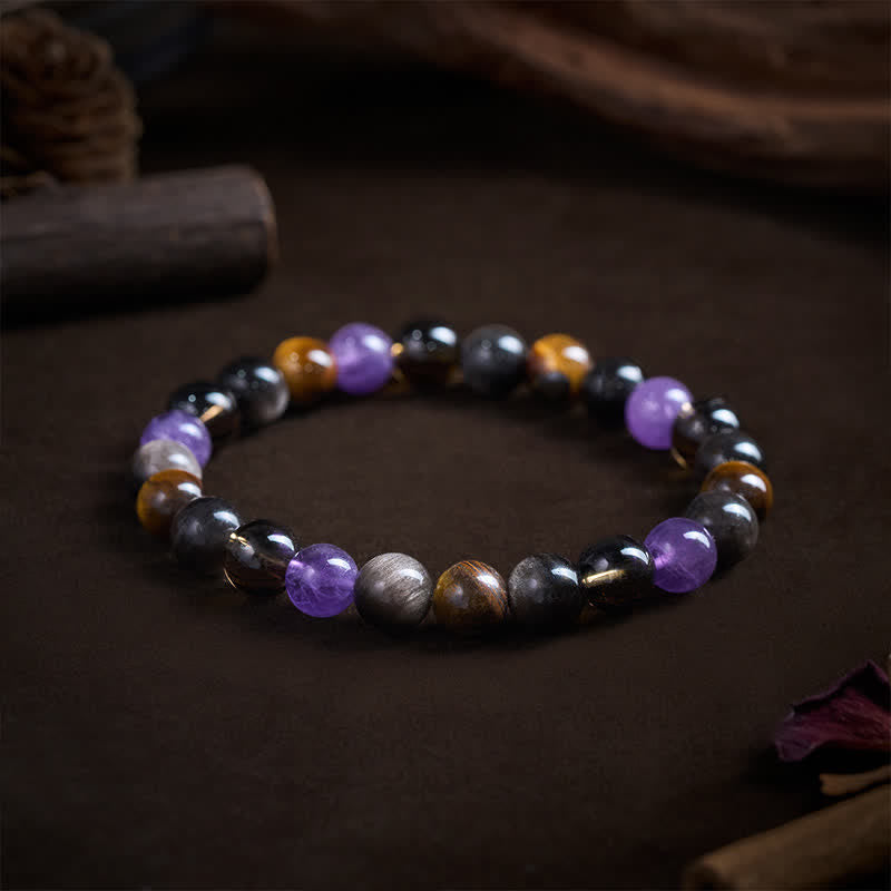 Buddha Stones 天然アメジスト、タイガーアイ、ブラックオブシディアン、スモーキークォーツのヒーリングブレスレット - image 2