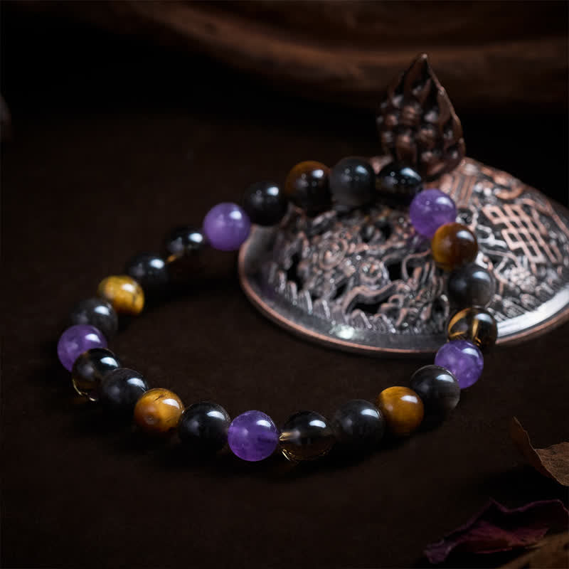 Buddha Stones 天然アメジスト、タイガーアイ、ブラックオブシディアン、スモーキークォーツのヒーリングブレスレット - image 3