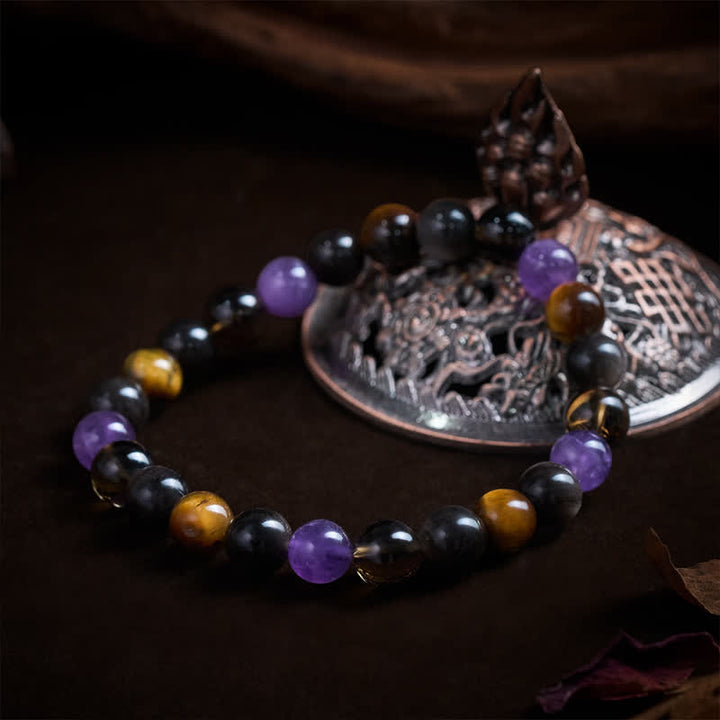 Buddha Stones 天然アメジスト、タイガーアイ、ブラックオブシディアン、スモーキークォーツのヒーリングブレスレット - image 3