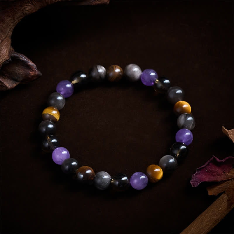 Buddha Stones 天然アメジスト、タイガーアイ、ブラックオブシディアン、スモーキークォーツのヒーリングブレスレット - image 4