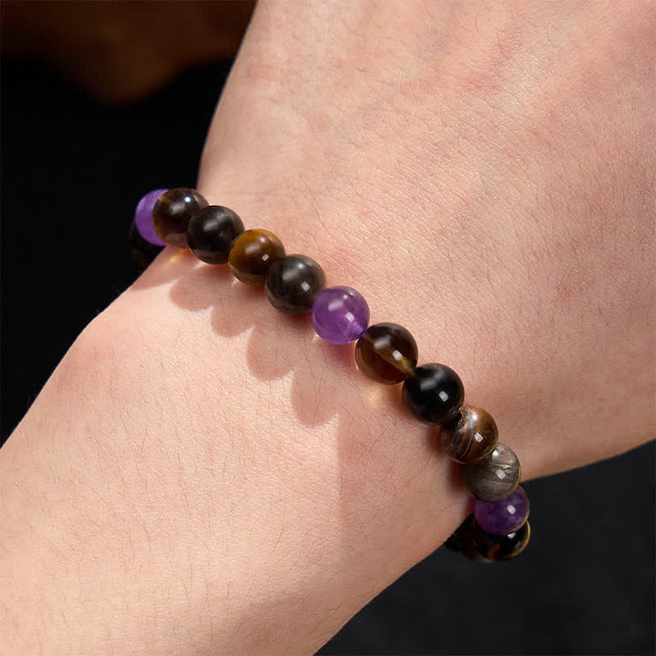 Buddha Stones 天然アメジスト、タイガーアイ、ブラックオブシディアン、スモーキークォーツのヒーリングブレスレット - image 5