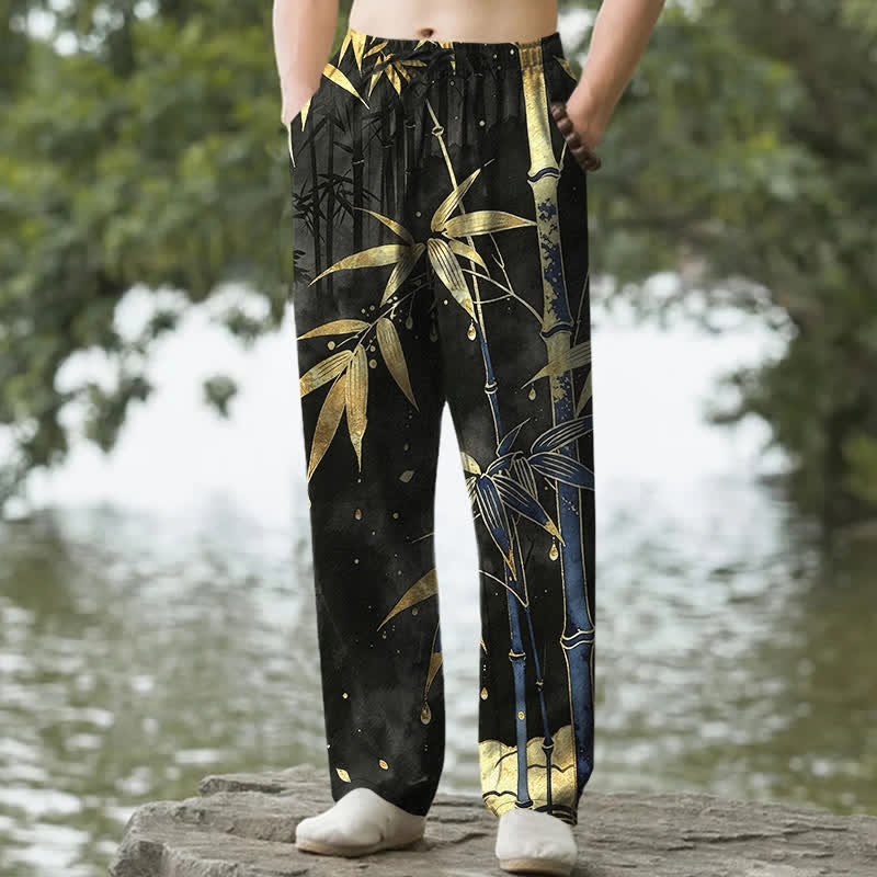 Buddha Stones 綿素材、金色の竹の葉柄、メンズテーパードパンツ（ポケット付き） - 黒 - US/UK/AU50、EU60（5XL） - image 6
