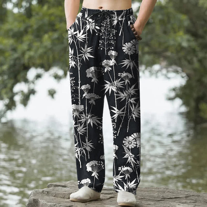 Buddha Stones 綿素材の竹の葉柄花柄メンズテーパードパンツ（ポケット付き） - 黒 - US/UK/AU50、EU60（5XL） - image 6