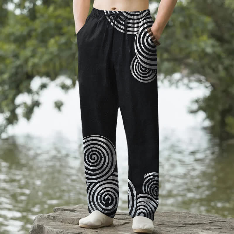 Buddha Stones 純綿同心円模様メンズテーパードパンツ（ポケット付き） - 黒 - US/UK/AU50、EU60（5XL） - image 4