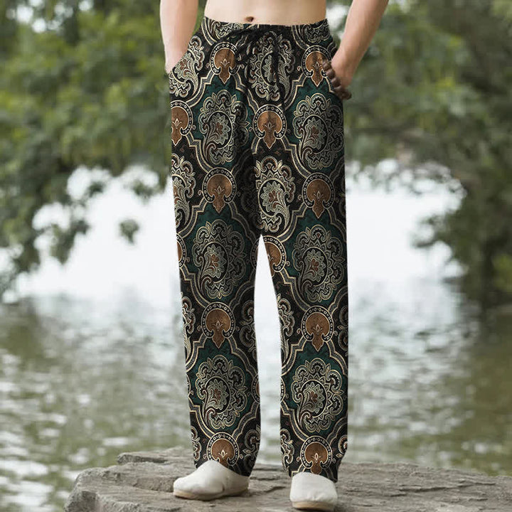 Buddha Stones コットン素材のマンダラペイズリー幾何学模様メンズテーパードパンツ（ポケット付き） - ダークグリーン - US/UK/AU50、EU60（5XL） - image 6