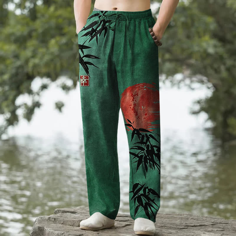 Buddha Stones コットンインク 竹と太陽柄 メンズ テーパードパンツ ポケット付き - フォレストグリーン - US/UK/AU50、EU60（5XL） - image 0