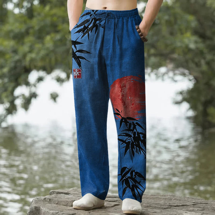 Buddha Stones コットンインク 竹と太陽柄 メンズ テーパードパンツ ポケット付き - ロイヤルブルー - US/UK/AU50、EU60（5XL） - image 6