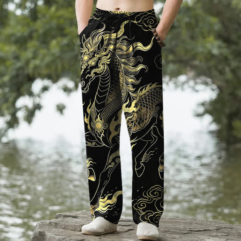 Buddha Stones 綿素材、金龍吉祥雲柄、メンズテーパードパンツ（ポケット付き） - 黒 - US/UK/AU50、EU60（5XL） - image 0