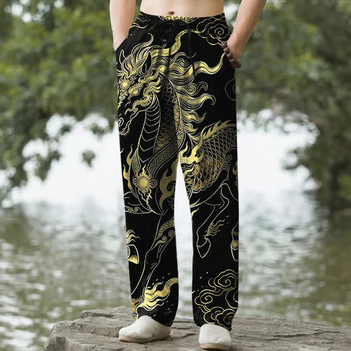 Buddha Stones 綿素材、金龍吉祥雲柄、メンズテーパードパンツ（ポケット付き） - 黒 - US/UK/AU50、EU60（5XL） - image 0