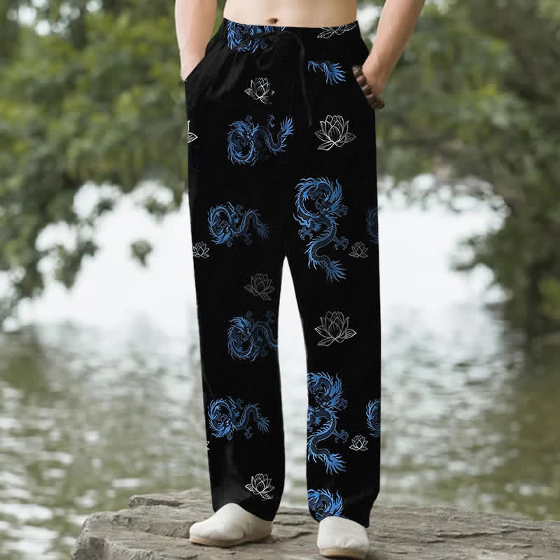 Buddha Stones コットン素材、龍蓮柄、メンズテーパードパンツ（ポケット付き） - 黒 - US/UK/AU50、EU60（5XL） - image 0