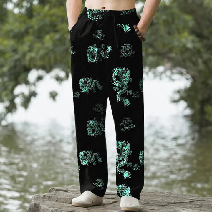 Buddha Stones コットン素材、龍蓮柄、メンズテーパードパンツ（ポケット付き） - アクアマリン - US/UK/AU50、EU60（5XL） - image 4