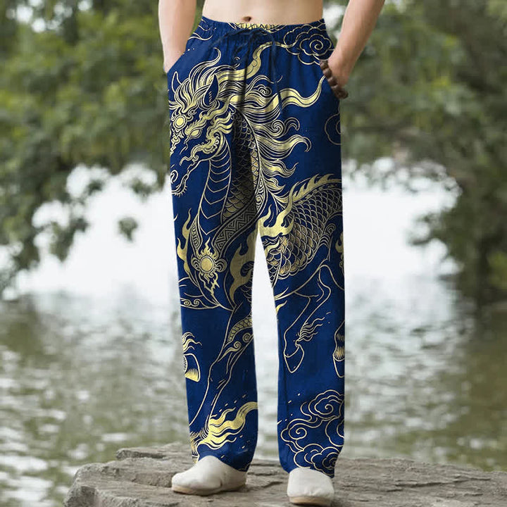 Buddha Stones 綿素材、金龍吉祥雲柄、メンズテーパードパンツ（ポケット付き） - 海軍 - US/UK/AU50、EU60（5XL） - image 6
