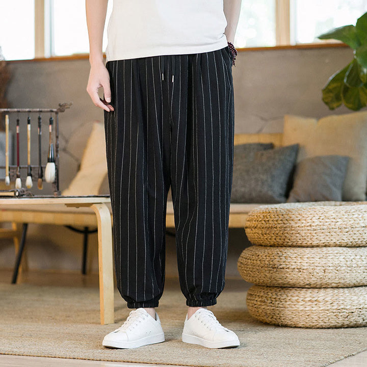 Buddha Stones 夏物カジュアル ドローストリング ストライプ メンズ ハーレムパンツ ポケット付き - 黒 - US/UK/AU50、EU60（5XL） - image 9