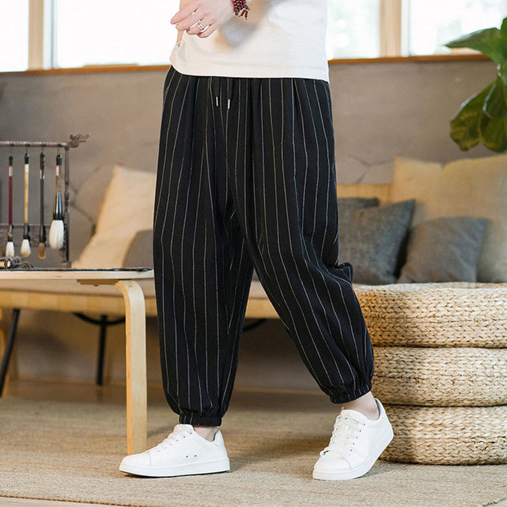 Buddha Stones 夏物カジュアル ドローストリング ストライプ メンズ ハーレムパンツ ポケット付き - image 10
