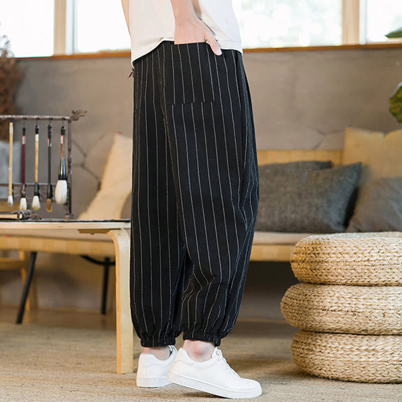 Buddha Stones 夏物カジュアル ドローストリング ストライプ メンズ ハーレムパンツ ポケット付き - image 12