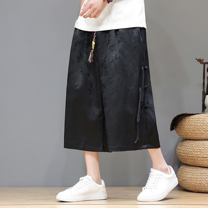 Buddha Stones 夏物タンスタイル サイドボタン留め メンズストレートレッグパンツ ポケット付き - 黒 - US/UK/AU48、 EU58(5XL) - image 0