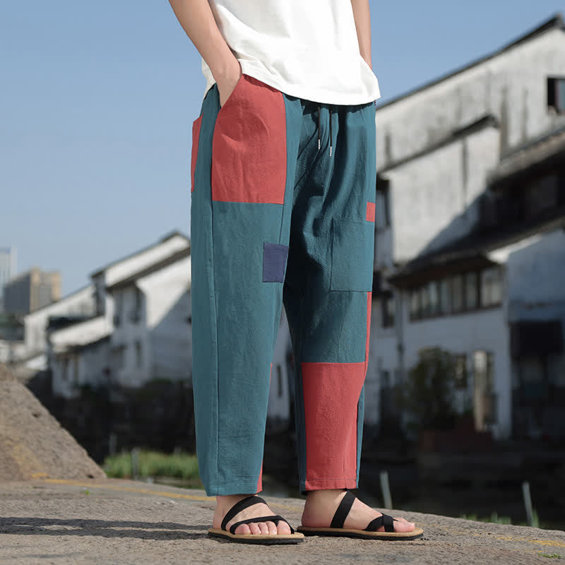 Buddha Stones 春のカジュアルカラーブロックコットンリネンクロップドメンズハーレムパンツ（ポケット付き） - image 13