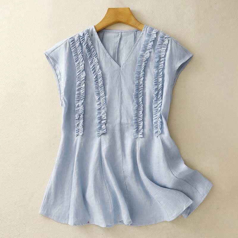 Buddha Stones 夏物カジュアル無地Vネック縦フリルプリーツレディースノースリーブTシャツタンクトップ - image 0