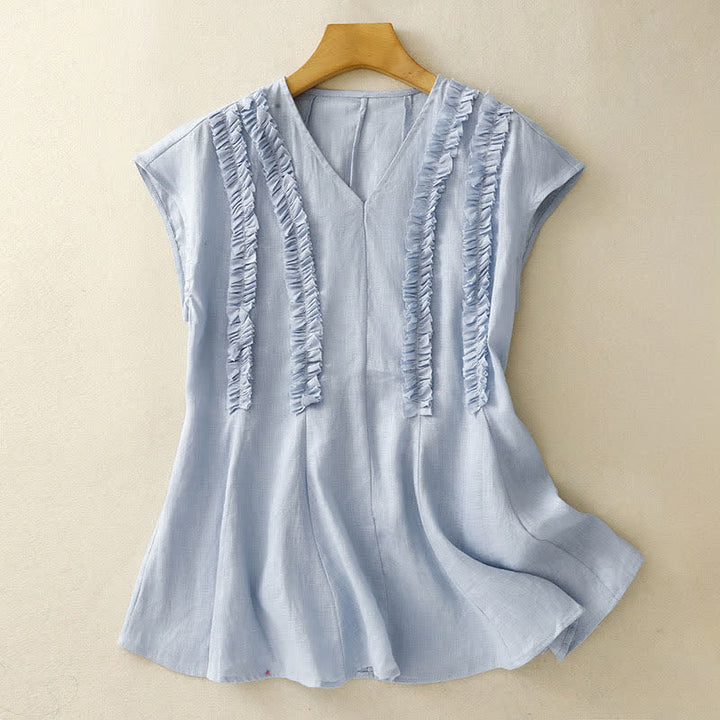 Buddha Stones 夏物カジュアル無地Vネック縦フリルプリーツレディースノースリーブTシャツタンクトップ - image 0