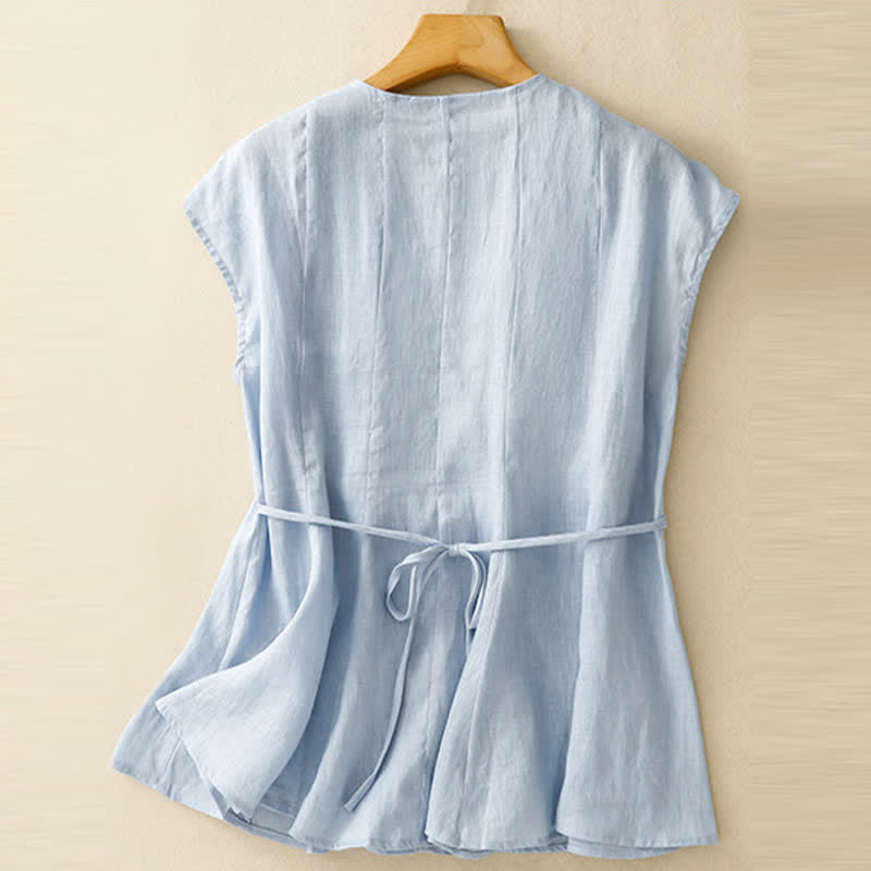 Buddha Stones 夏物カジュアル無地Vネック縦フリルプリーツレディースノースリーブTシャツタンクトップ - image 1
