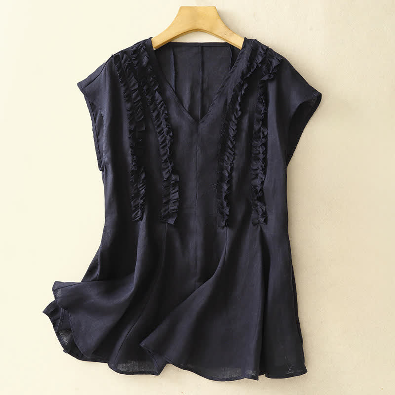 Buddha Stones 夏物カジュアル無地Vネック縦フリルプリーツレディースノースリーブTシャツタンクトップ - image 9