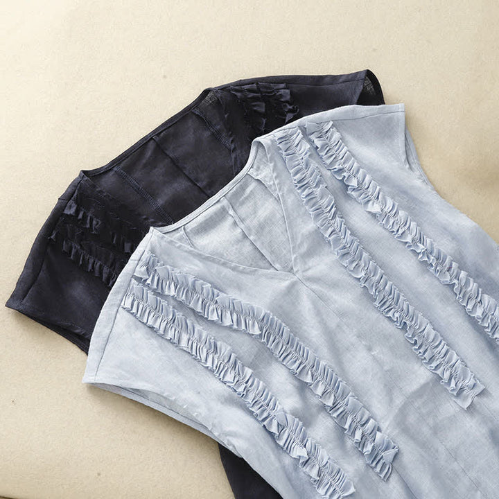 Buddha Stones 夏物カジュアル無地Vネック縦フリルプリーツレディースノースリーブTシャツタンクトップ - image 16