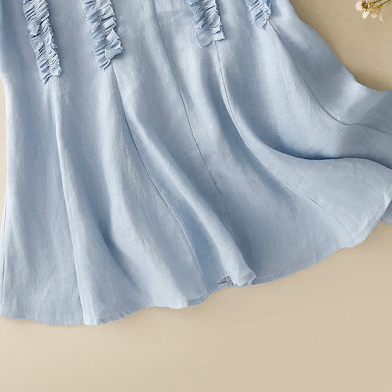 Buddha Stones 夏物カジュアル無地Vネック縦フリルプリーツレディースノースリーブTシャツタンクトップ - image 6