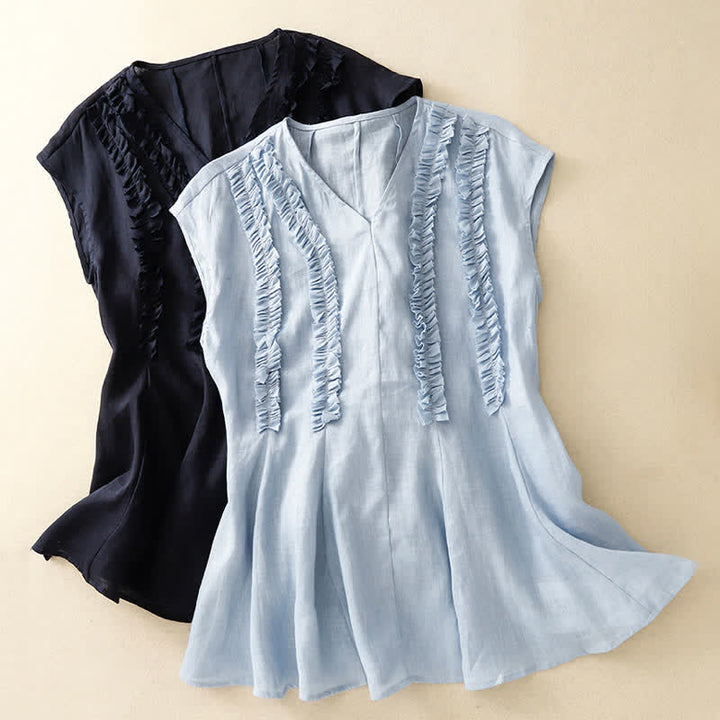 Buddha Stones 夏物カジュアル無地Vネック縦フリルプリーツレディースノースリーブTシャツタンクトップ - image 15