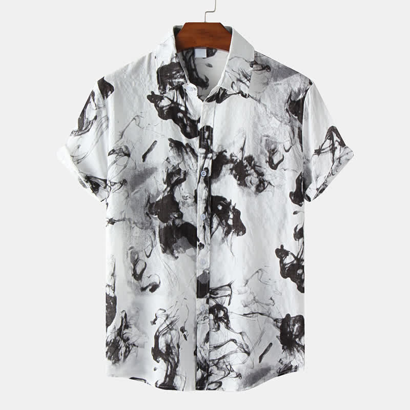Buddha Stones 夏物カジュアルボタンアップインクプリントメンズ半袖シャツ - 黒 - US/UK/AU46、 EU56 (3XL) - image 0
