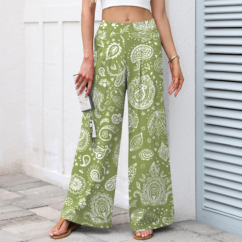 Buddha Stones コットンリネン素材、オリーブ色のペイズリー柄、レディース用ゴムウエストワイドレッグパンツ（ポケット付き） - image 1