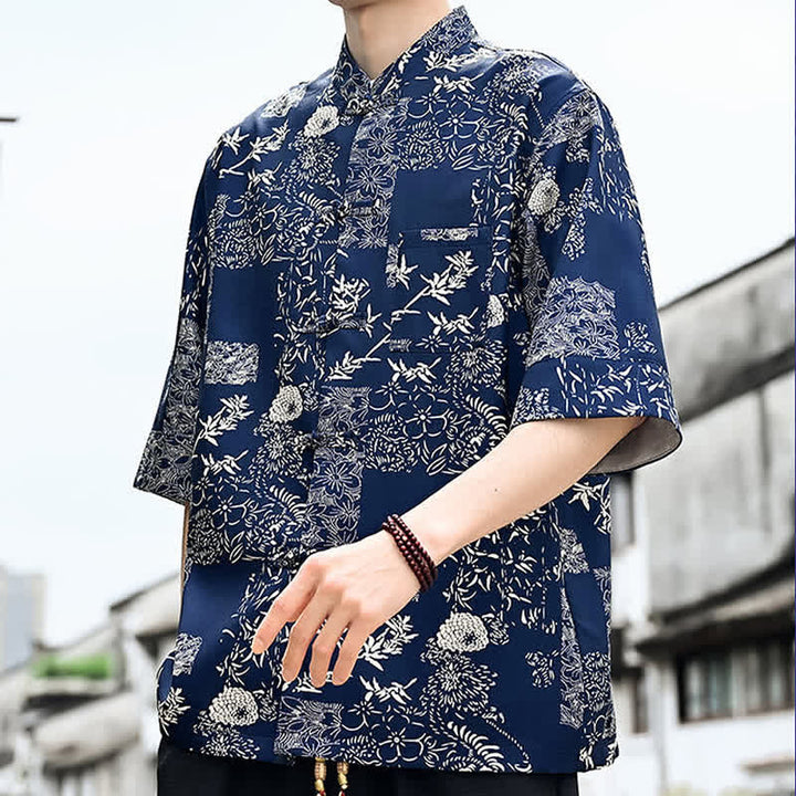 Buddha Stones 夏物唐風 カエルボタン 花柄 葉 蝶柄 メンズ 肘丈袖シャツ 胸ポケット付き - image 11