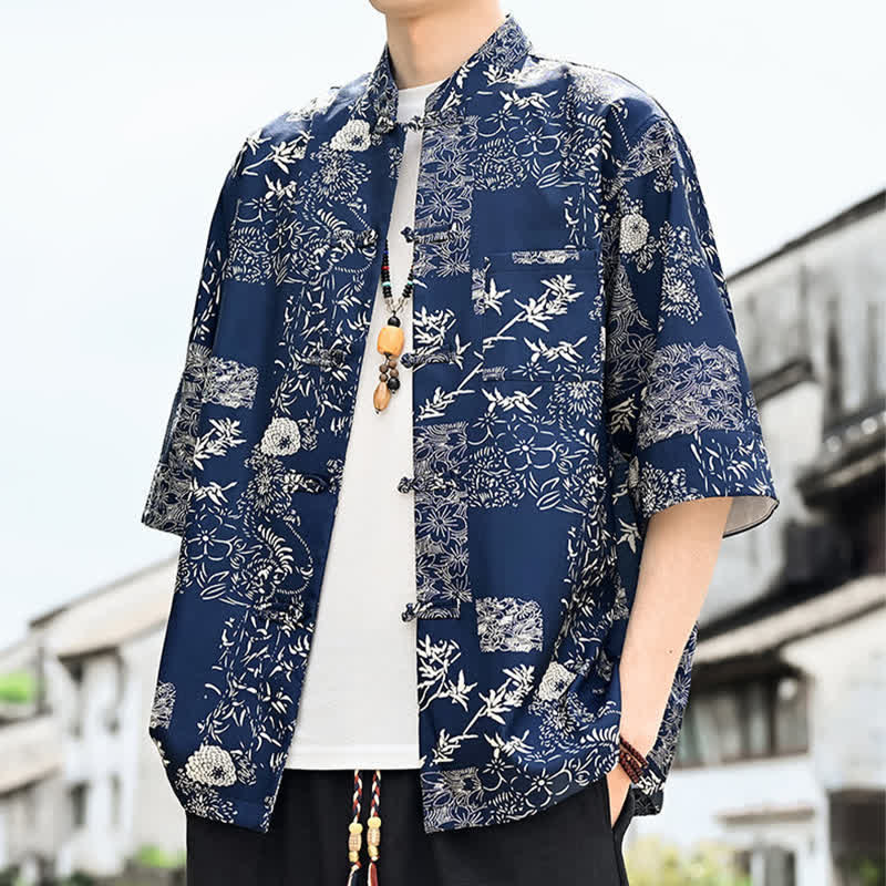 Buddha Stones 夏物唐風 カエルボタン 花柄 葉 蝶柄 メンズ 肘丈袖シャツ 胸ポケット付き - ミッドナイトブルー - US/UK/AU46、 EU56 (5XL) - image 6