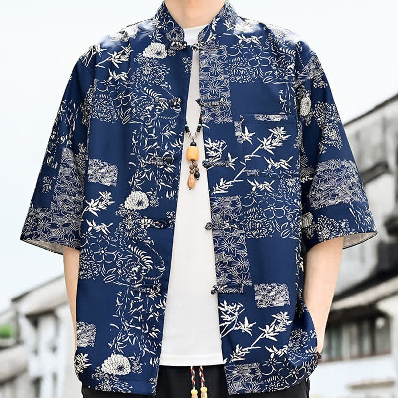 Buddha Stones 夏物唐風 カエルボタン 花柄 葉 蝶柄 メンズ 肘丈袖シャツ 胸ポケット付き - image 7