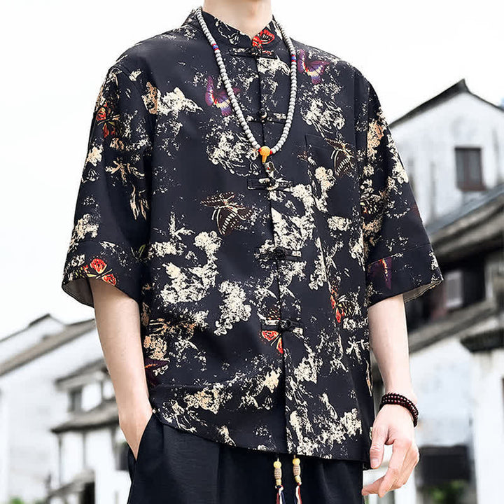Buddha Stones 夏物唐風 カエルボタン 花柄 葉 蝶柄 メンズ 肘丈袖シャツ 胸ポケット付き - image 5