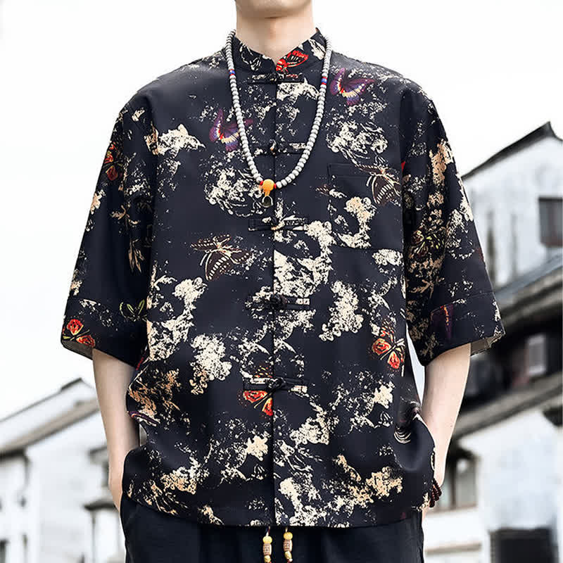 Buddha Stones 夏物唐風 カエルボタン 花柄 葉 蝶柄 メンズ 肘丈袖シャツ 胸ポケット付き - image 1