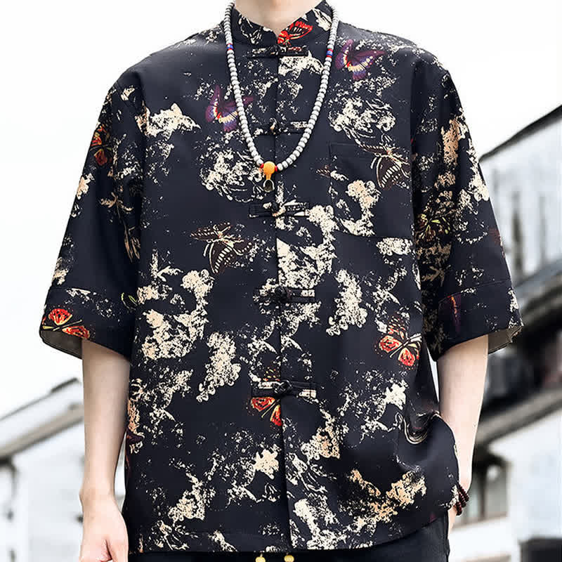 Buddha Stones 夏物唐風 カエルボタン 花柄 葉 蝶柄 メンズ 肘丈袖シャツ 胸ポケット付き - image 3