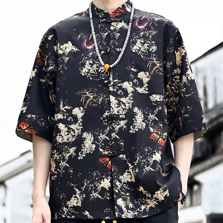 Buddha Stones 夏物唐風 カエルボタン 花柄 葉 蝶柄 メンズ 肘丈袖シャツ 胸ポケット付き - image 3